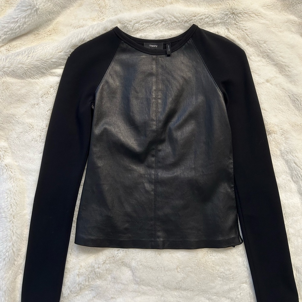 Theory Bristol Leather Raglan Top Black Stretch Knit Size Small Long Sleeve